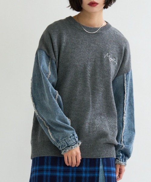 A.D.C.L. ニット セーター さりげない刺繍が魅力！袖デニム切替ニット