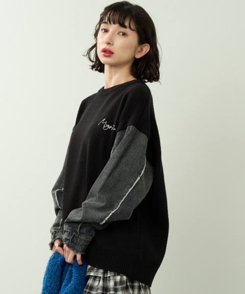 【定番モデル】バーバリー ニットセーター アーガイル モノトーン 刺繍ロゴ L A.D.C.L. ニット セーター 刺繍ロゴ入り 袖デニム切替 ニットプル