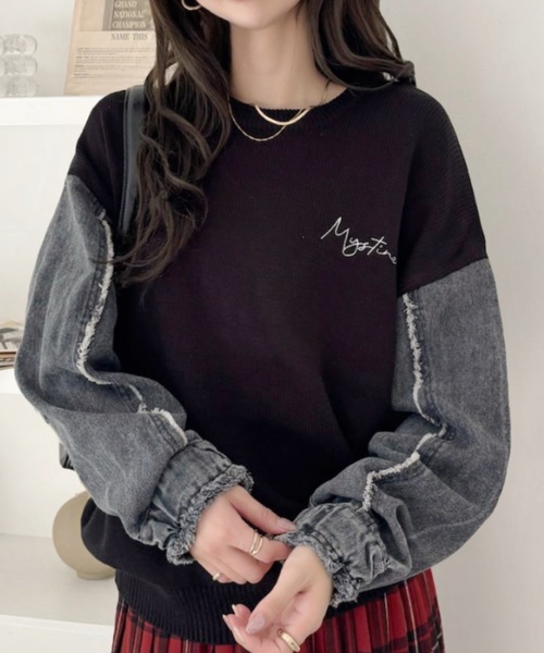 A.D.C.L. ニット セーター 刺繍ロゴ入り 袖デニム切替 ニットプル