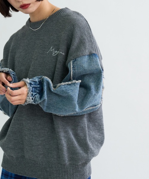 A.D.C.L. ニット セーター 刺繍ロゴ入り 袖デニム切替 ニットプル 