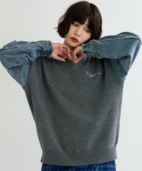 美品【定価16,500円】スウェット×ニット 切り替え インディゴニット S A.D.C.L. ニット セーター 刺繍ロゴ入り 袖デニム切替 ニットプル
