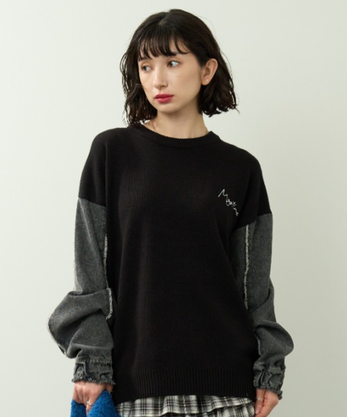 A.D.C.L. ニット セーター 刺繍ロゴ入り 袖デニム切替 ニットプル