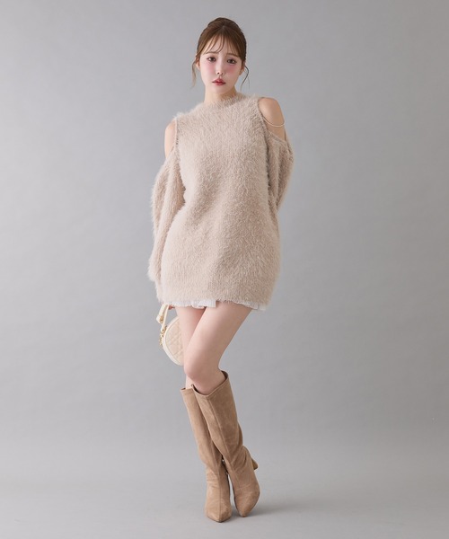 NICE CLAUP 肩あきビジューニットミニワンピース one after another NICE CLAUP ワンピース 肩あきビジューニットミニ