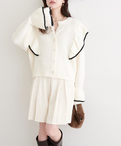 natural couture カーディガン 配色フリルニットカーディガン