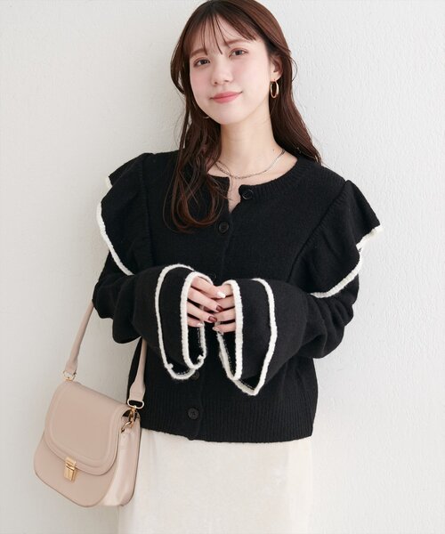 natural couture カーディガン 配色フリルニットカーディガン