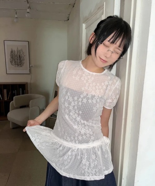 tシャツ 半袖 星柄フリルレースシアートップス パフスリーブ半袖 