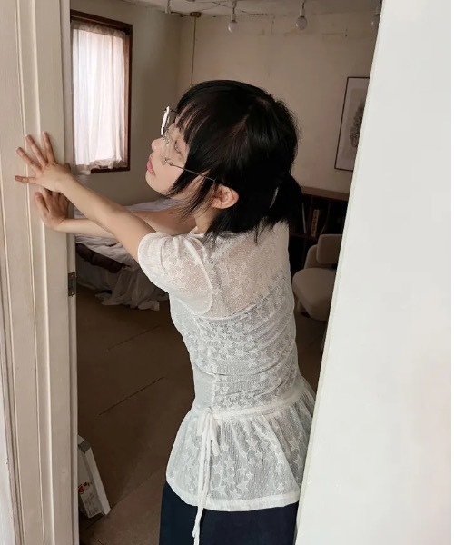 tシャツ 半袖 星柄フリルレースシアートップス パフスリーブ半袖
