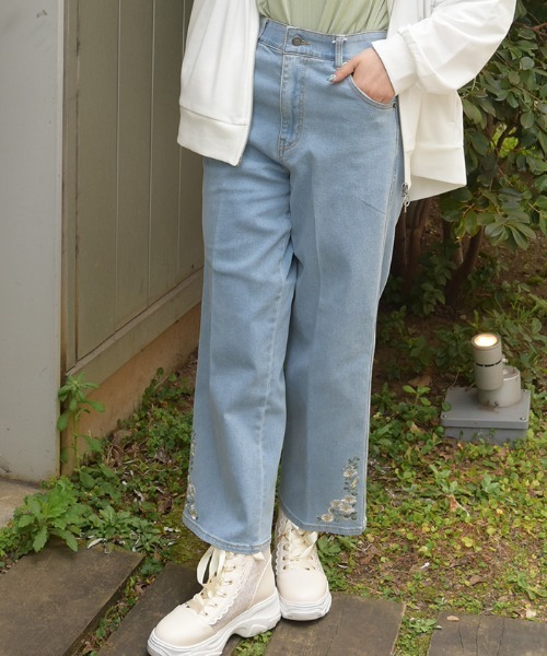 axes femme（アクシーズ ファム） パンツ フラワー刺繍裏ゴムデニム