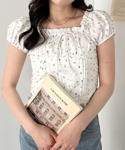 OhanOTTO 花柄 フリルカラー ブラウス 半袖 レディースF CLEA ブラウス シャツ 半袖 タックフリル花柄レースブラウス