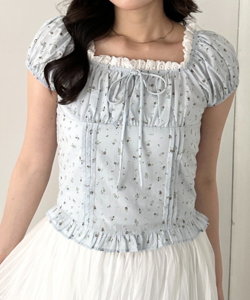 CLEA ブラウス シャツ 半袖 タックフリル花柄レースブラウス