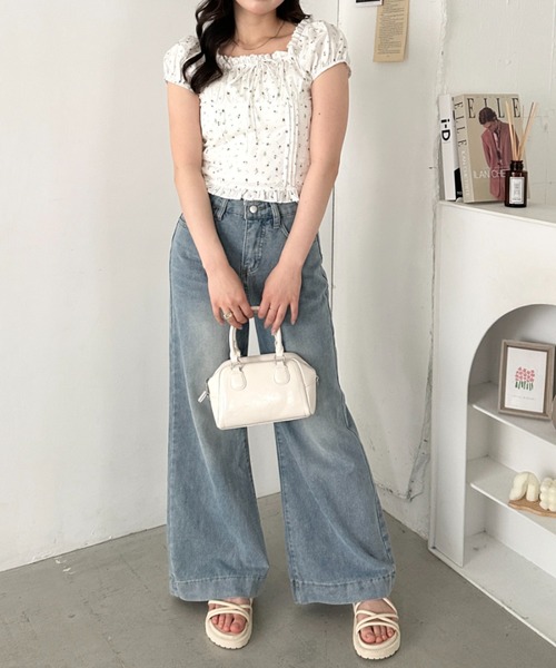 CLEA ブラウス シャツ 半袖 タックフリル花柄レースブラウス