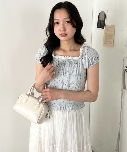 CLEA ブラウス シャツ 半袖 タックフリル花柄レースブラウス