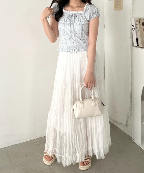 CLEA ブラウス シャツ 半袖 タックフリル花柄レースブラウス