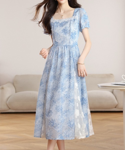 ワンピース nha518 LUCPY ワンピース ブルーフラワースクエアネックワンピース : ZOZOTOWN