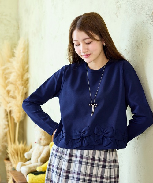 Rose Tiara 46 長袖 Aライン トップス ネイビーカラー系 Rose Tiara（ローズティアラ） ニット セーター 裾リボンニットプル