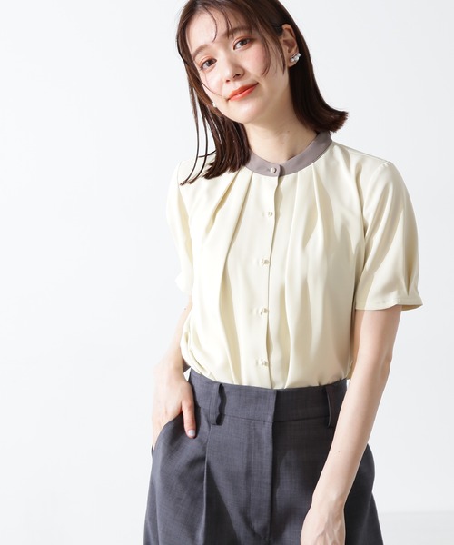 シャツ ブラウス パールボタンバイカラー半袖ブラウス レディース 