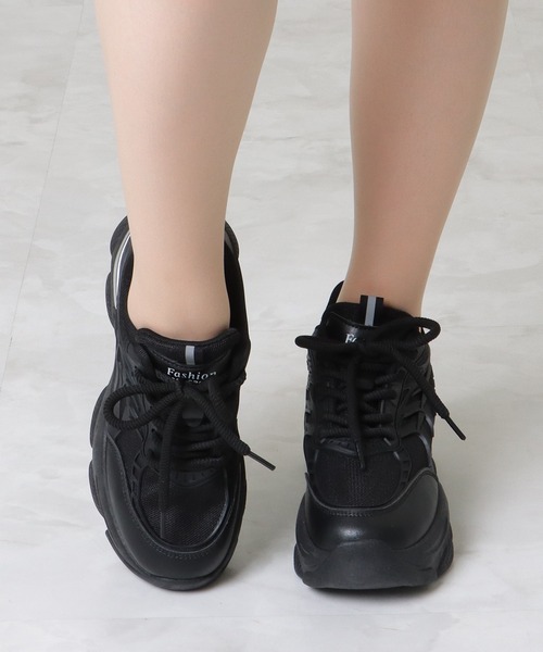 Lace Ladies スニーカー 配色タグ付き レースアップ 厚底 ダッド