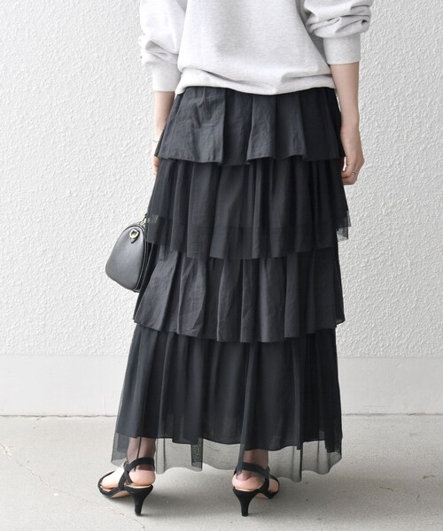 SHIPS any スカート any:「手洗い可能」チュール ティアード ロング