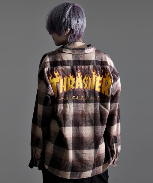 ブラウス シャツ 「THRASHER/スラッシャー」ファイアーロゴバック刺繍ルーズサイズ 長袖チェックシャツネルシャツ レディース メンズ