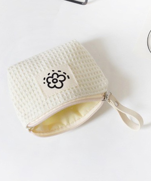 DAY CLOSET ポーチ 韓国風ワッフル淡色ワンポイントロゴミニポーチ