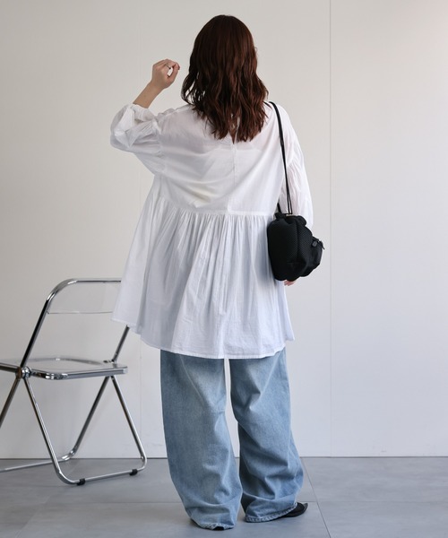 【ついに再入荷！】ふくろうと月 袖にピンタックのブラウス レディース シャツ 長袖 パフスリーブ バルーンスリーブ ノーカラー バンドカラー Aライン トップス soulberry 【ついに再入荷！】ふくろうと月 袖にピンタックの