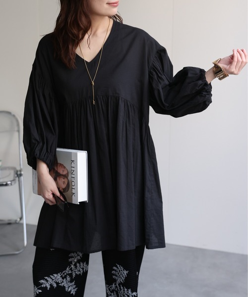ブラウス シャツ viscose satin raglan blouse レディース ブラウス シャツ 微光沢シボありバルーンスリーブ袖シャーリング