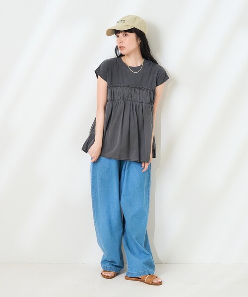 tシャツ 布帛コンビフレンチスリーブ レディース FREAK'S STORE tシャツ アーミーリブ コンビピグメント フレンチ