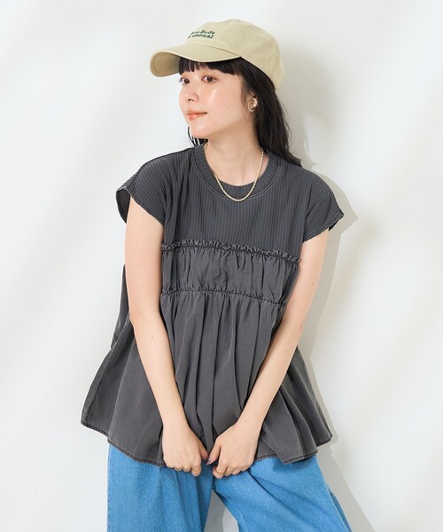 tシャツ 布帛コンビフレンチスリーブ レディース FREAK'S STORE tシャツ アーミーリブ コンビピグメント フレンチ