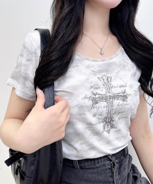 INGNI Tシャツ INGNI（イング） tシャツ ムラ染めレースサイドギャザークロスロゴ