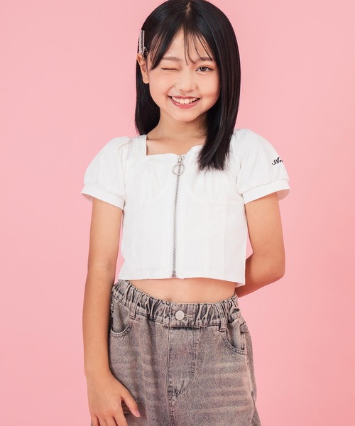 ANAP kids tシャツ フロントジップパフスリトップス「ジュニアお