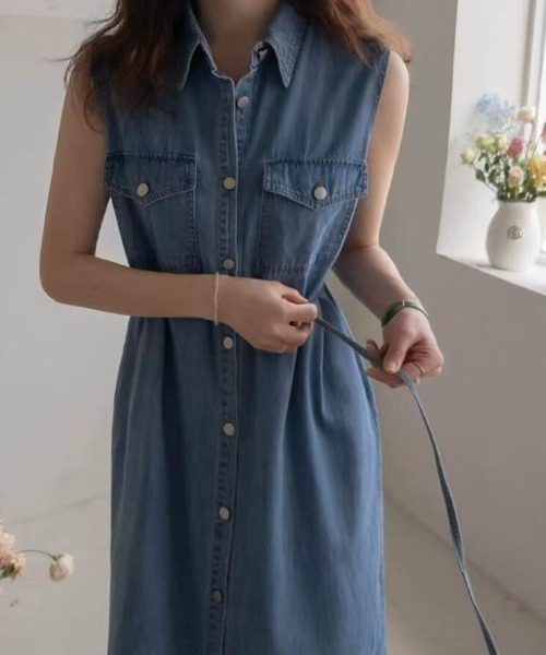 ワンピース デニムシャツカラーノースリーブ フロントボタンベルト付き