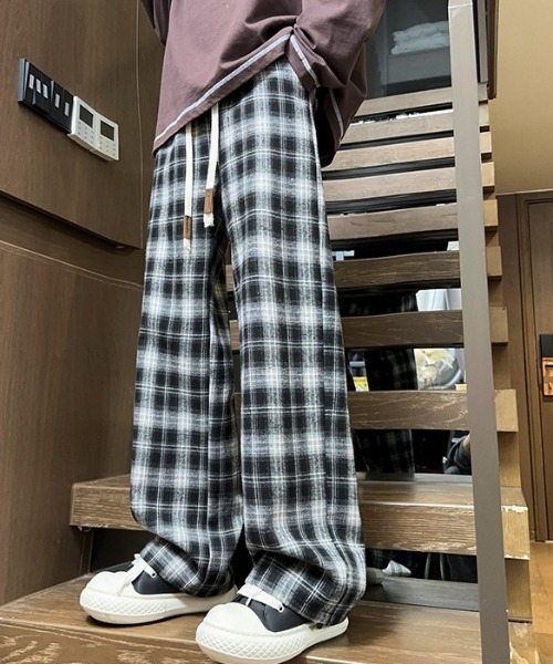 link lot パンツ ドローコード付きチェックイージーネルパンツ メンズ
