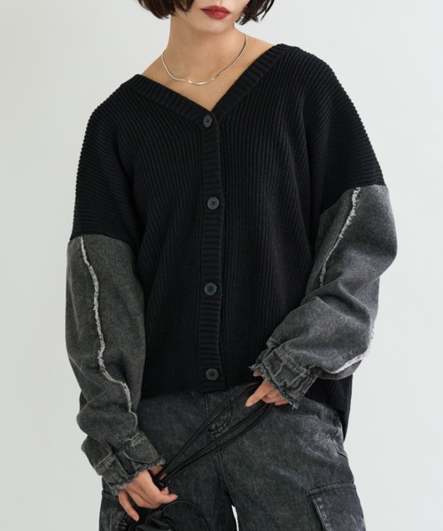 A.D.C.L. カーディガン Vネック 袖デニム切替 ニットカーディガン