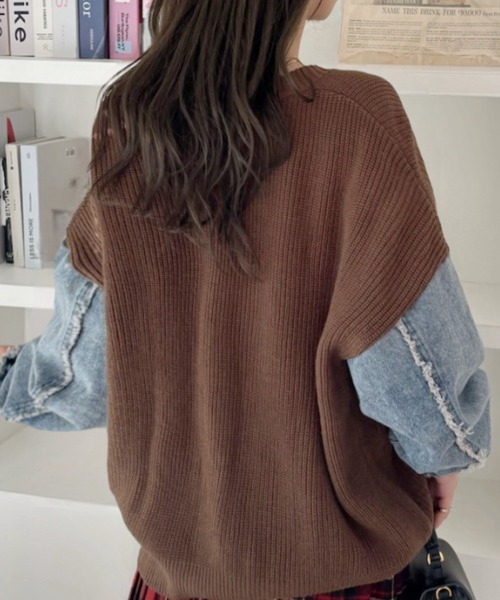 A.D.C.L. カーディガン Vネック 袖デニム切替 ニットカーディガン