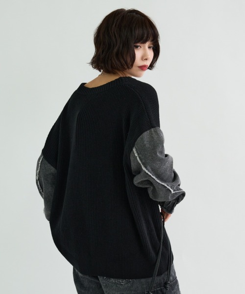 A.D.C.L. カーディガン Vネック 袖デニム切替 ニットカーディガン