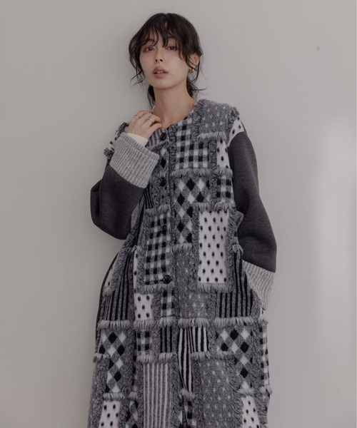 新品　今季　Eimee Law ジオメトリックジャガード ロングコート　マルチ Eimee Law（エイミーロウ） ノーカラーコート コート ジオメトリック