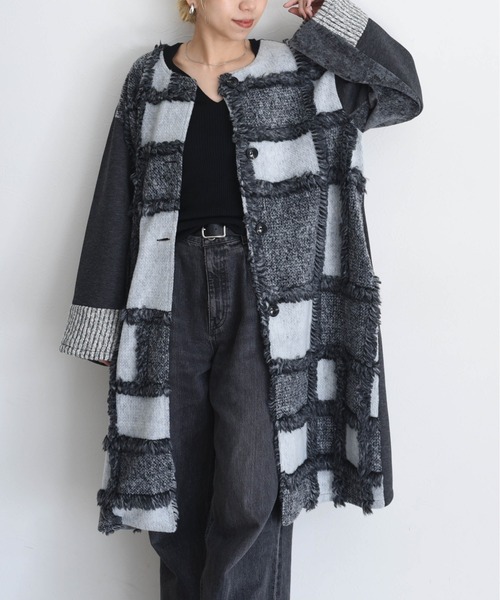 新品　今季　Eimee Law ジオメトリックジャガード ロングコート　マルチ Eimee Law（エイミーロウ） ノーカラーコート コート ジオメトリック