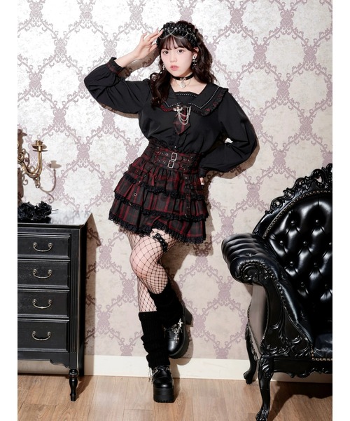チ*プ様 REBELレブル ブラック　胸元編み込みレザーシャツ　検）レッドムーン NOEMIE（ノエミー） ブラウス シャツ チェックフリルミニネクタイ