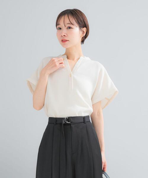 ブラウス シャツ 「セットアップ対応」 UVカット/接触冷感 バンドカラー プルオーバー レディースの画像