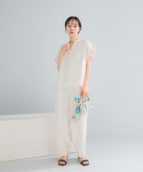 ブラウス シャツ 「セットアップ対応」 UVカット/接触冷感 バンドカラー プルオーバー レディースの画像