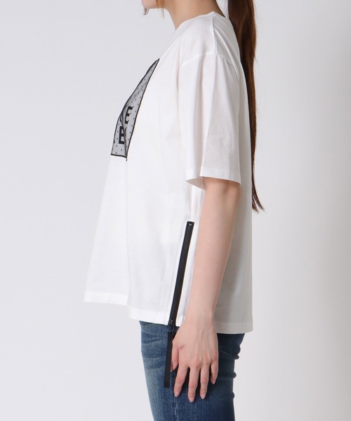 Jines（ジネス） tシャツ サイドファスナーロゴTシャツ レディース