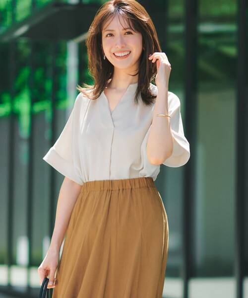 tシャツ 半袖 ストレッチジョーゼット キーネック ブラウス レディース 
