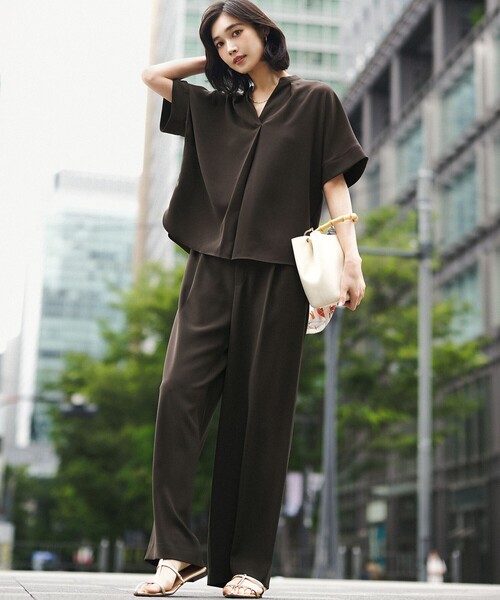 tシャツ 半袖 ストレッチジョーゼット キーネック ブラウス レディース