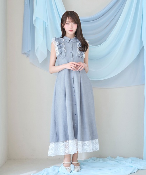 RoseMuse Lace layered shirt dressブルーグレーM Rose Muse（ロゼミューズ） シャツワンピース Lace layered shirt