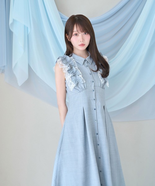 ♩*様 ロゼミューズ Lace layered shirt dress ブルーグ Rose Muse（ロゼミューズ） シャツワンピース Lace layered shirt