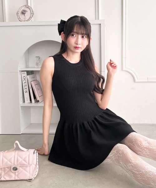 bibiy. ブラック ノースリーブ フレア ミニワンピース Loueme ワンピース フレアニットノースリーブミニワンピース
