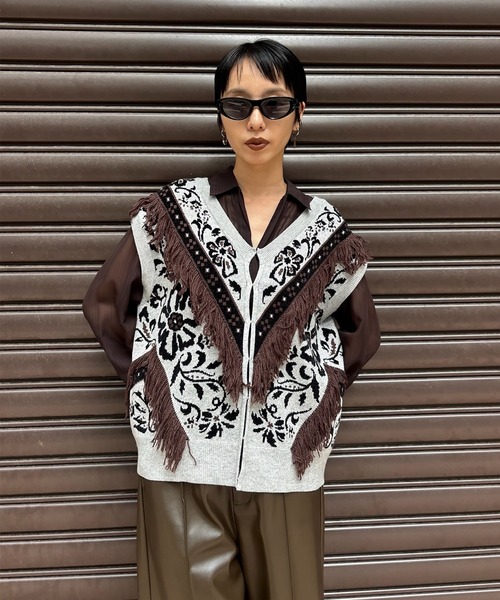 Ameri vintage アメリヴィンテージ　アンゴラベスト Ameri（アメリ） ベスト ジレ 2WAY FLOWER PATTERN FRINGE KNIT VEST