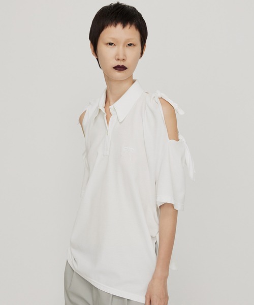 tシャツ Cutout-shoulder Bow Cotton-jersey Shirt / カットアウトショルダーシャツ レディース