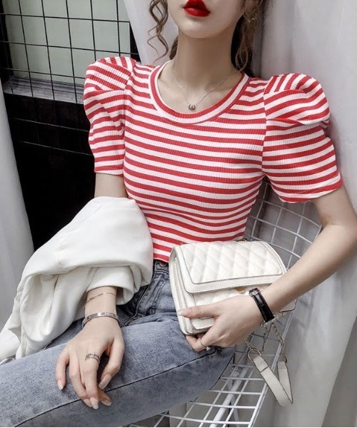 tシャツ パワーショルダーカットソー レディース URGE： tシャツ 「URGE：」ボーダー パワーショルダー