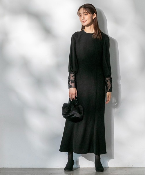 kaene ブラックワンピース シフォン合わせロングワンピース［ブラック：ブラックフォーマル
